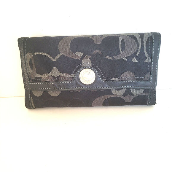 Coach Wallet Canvas Leather Signature Black Trifold 8x4 Large Checkbook Set - Picture 1 of 11